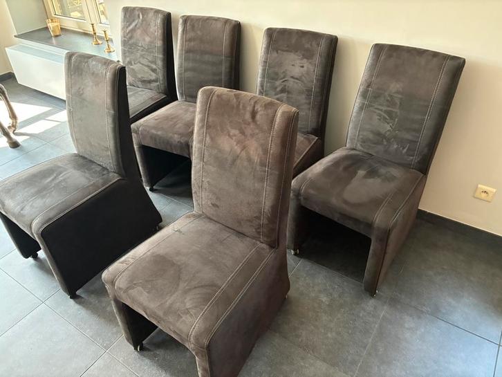 6 eettafel stoelen fluweel / alcanta met wieltjes, Huis en Inrichting, Stoelen, Gebruikt, Vijf, Zes of meer stoelen, Zwart, Ophalen