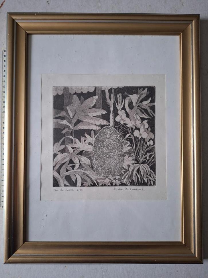 Originele ets van Frida De Coninck "In de serre", Antiek en Kunst, Kunst | Etsen en Gravures, Ophalen of Verzenden