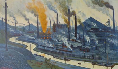 PIERRE PAULUS / LE PAYS INDUSTRIEL / CHROMOLITHO / 71x110cm, Antiek en Kunst, Kunst | Litho's en Zeefdrukken, Ophalen of Verzenden