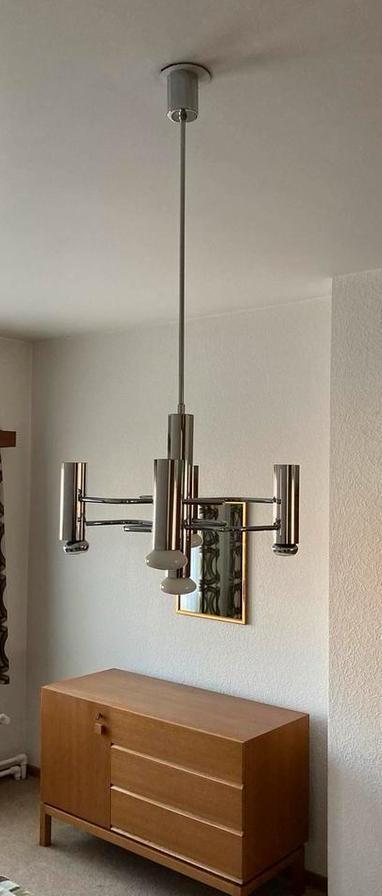 Vintage hanglamp kroonluchter Gaetano Sciolari SA Boulanger, Huis en Inrichting, Lampen | Kroonluchters, Gebruikt, Glas, Metaal