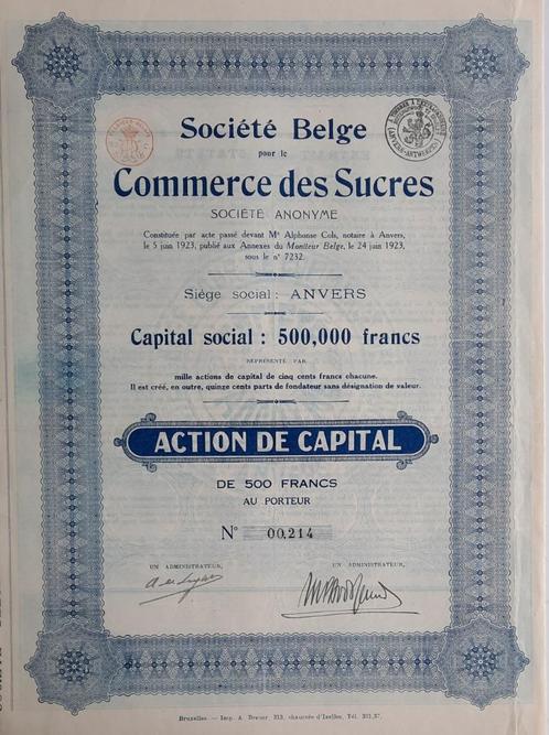 Société Belge pour le Commerce des Sucres - Anvers - action, Postzegels en Munten, Aandelen en Waardepapieren, Aandeel, 1920 tot 1950