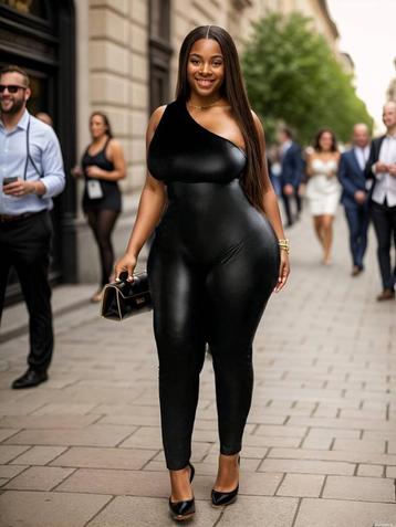 R113 Plus Size PU Lederen Jumpsuit met Één Schouder.........