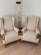 Fauteuil beige met hout (2 stuks), Ophalen, Zo goed als nieuw, Hout