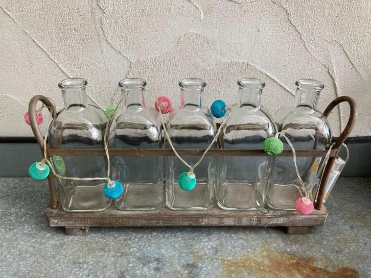 VAZEN 5 stuks IN IJZEREN HOUDER GROOT, Huis en Inrichting, Woonaccessoires | Vazen, Nieuw, Overige kleuren, Minder dan 50 cm, Glas