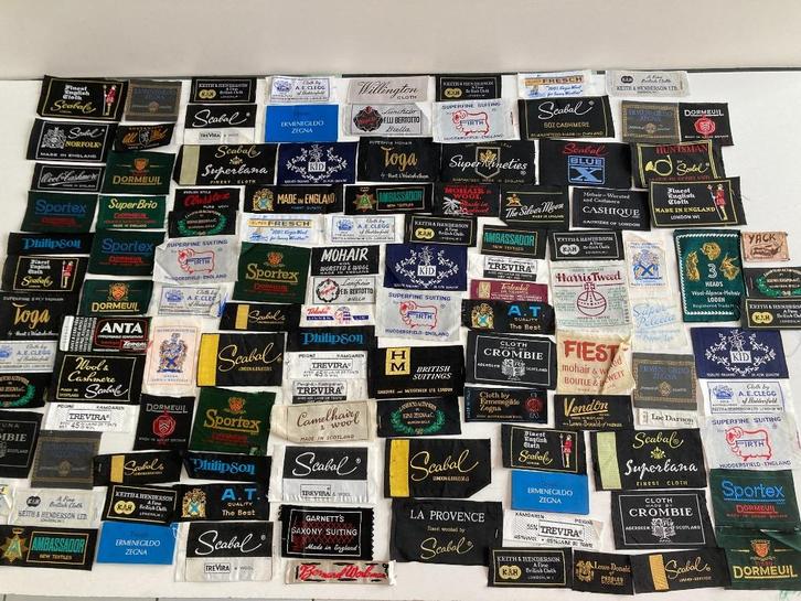 Lot vintage kledinglabels ( Scabal, A.E.Clegg, Dormeuil, ..., Hobby en Vrije tijd, Naaien en Fournituren, Zo goed als nieuw, Overige typen
