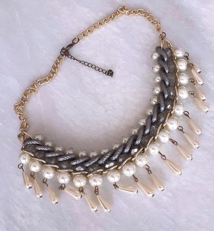 statement ketting vintage witte parels en kristallen, Handtassen en Accessoires, Kettingen, Nieuw, Overige materialen, Wit, Met strass