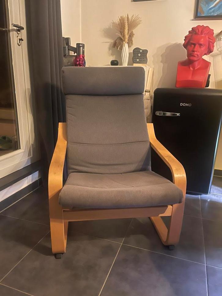 IKEA Poäng fauteuil – Berkenfineer met grijs kussen, Maison & Meubles, Chaises, Comme neuf, Gris, Enlèvement
