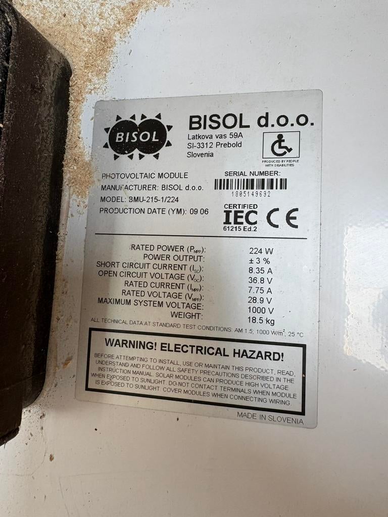 Bisol paneel, Doe-het-zelf en Bouw, Ophalen, Gebruikt, Paneel, 200 wattpiek of meer