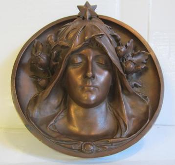 Antiek bronzen art nouveau muurdecoratie, vrouwenhoofd beschikbaar voor biedingen