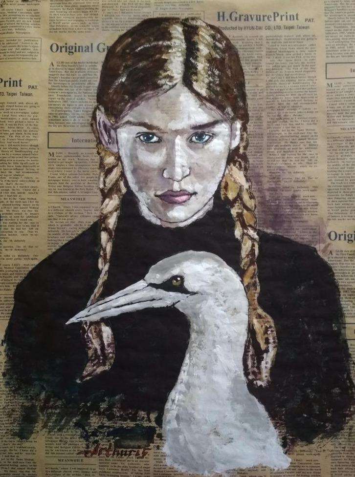 "Meisje en vogel" Schilderij, Antiek en Kunst, Kunst | Schilderijen | Modern, Verzenden