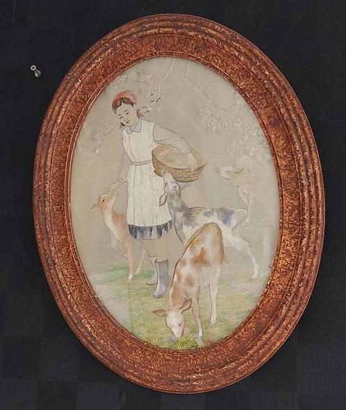 Prachtig ingelijst op zijde geborduurd landelijk tafereel, Antiek en Kunst, Curiosa en Brocante, Ophalen of Verzenden