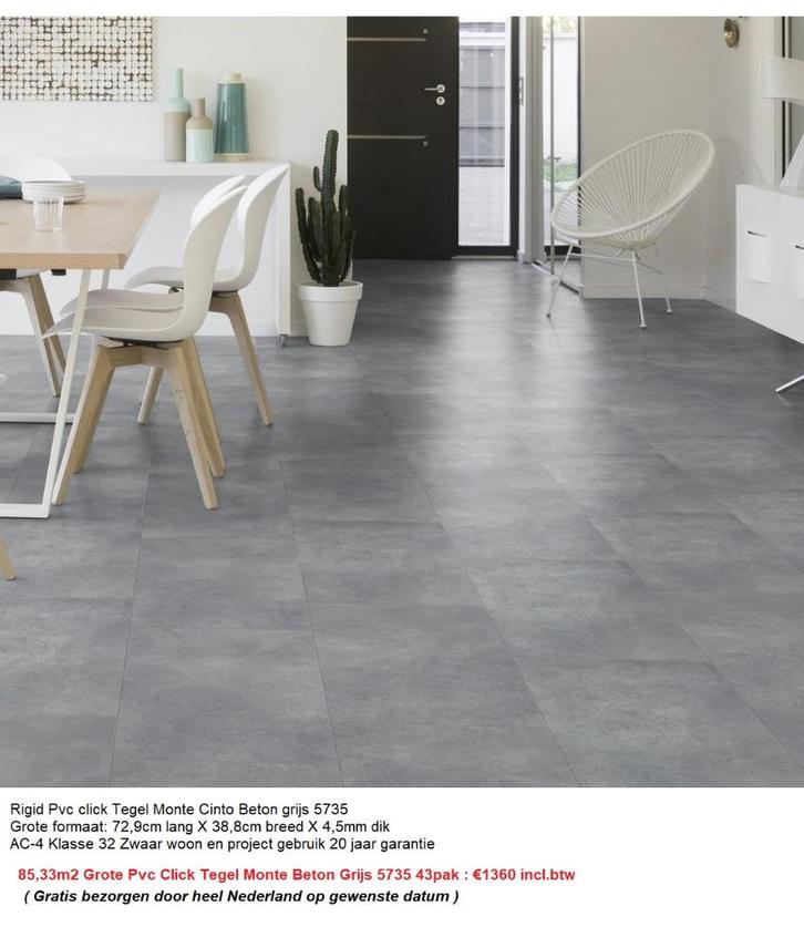 85,35m2 Grote Pvc Click Tegel Monte Beton Grijs 43pak :€1360, Huis en Inrichting, Stoffering | Vloerbedekking, Nieuw, Laminaat