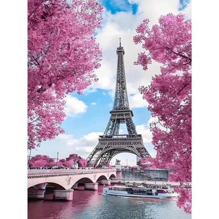 Diamond Painting Eiffeltoren in roze bos 40x30cm (rond), Hobby en Vrije tijd, Knutselen, Nieuw, Knutselwerk, Ophalen of Verzenden