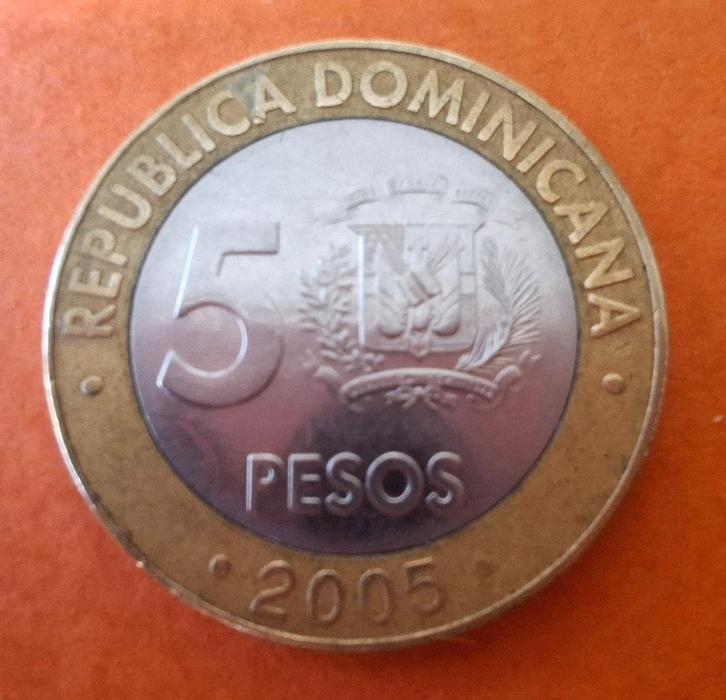 5 pesos coin (2005) Dominicaanse Republiek, Postzegels en Munten, Munten | Amerika, Losse munt, Verzenden