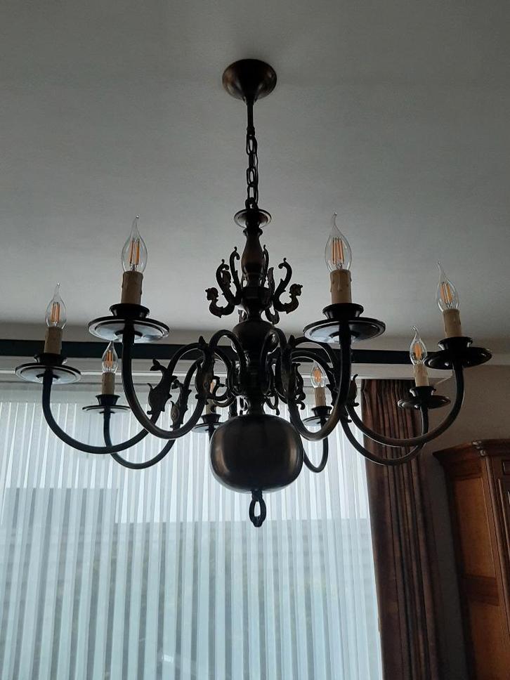 8 armige luster met vissen en zeemeerminnen bronskleurig, Huis en Inrichting, Lampen | Kroonluchters, Gebruikt, Metaal, Ophalen