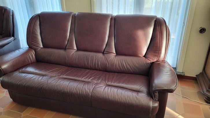 Donkerbruine leren driezit zetel, Huis en Inrichting, Zetels | Zetels, Zo goed als nieuw, Leer, Ophalen