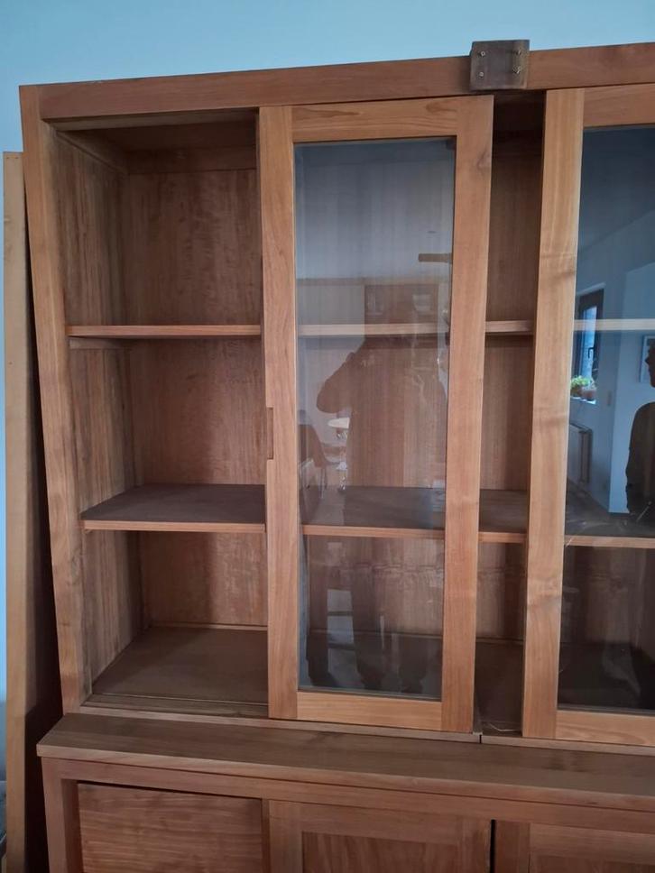 teakhouten vitrinekast, Huis en Inrichting, Kasten | Buffetkasten, Gebruikt, Ophalen