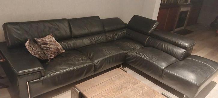 zwarte leren hoeksalon, Huis en Inrichting, Zetels | Complete zithoeken, Gebruikt, Leer, Ophalen