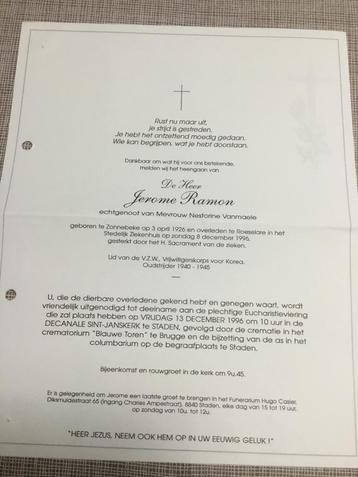 Doodsbrief paracommando Korea J.Ramon Zonnebeke +1996 beschikbaar voor biedingen