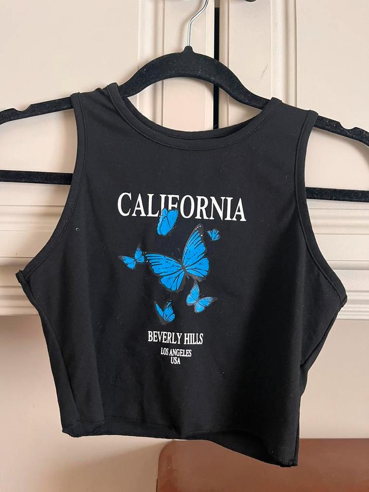 90's look top met vlinders (morpho didus) / retro look, Kleding | Dames, Topjes, Zo goed als nieuw, Maat 36 (S), Ophalen of Verzenden