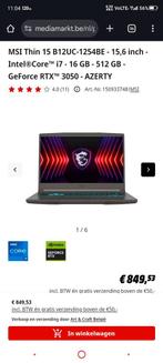 MSI Thin 15 B12UC-1254BE - 15,6 inch - IntelCore i7 - 16 G, Computers en Software, Ophalen