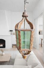 Vintage houten hanglamp met groen glas, Maison & Meubles, Enlèvement, Utilisé, Verre