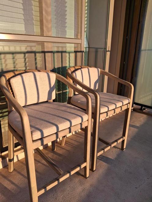 2 Confortabele Barkrukken in teak grey geweven in koord, Huis en Inrichting, Barkrukken, Hout, 2 krukken, Ophalen