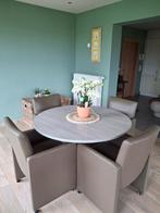 Eettafel rond blauwgrijs diameter 1.30m + 4 zetels, Ophalen, Zo goed als nieuw, Rond