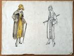 A493-78 Oude tekening in inkt en kleur dame in gele jurk, Antiek en Kunst, Ophalen of Verzenden