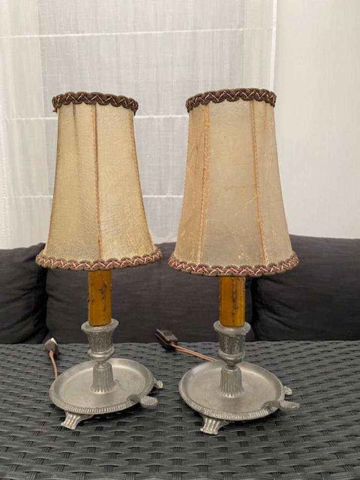 Twee tinnen nachtlampen, Les Potstainiers Hutois, Antiek en Kunst, Antiek | Tin, Ophalen