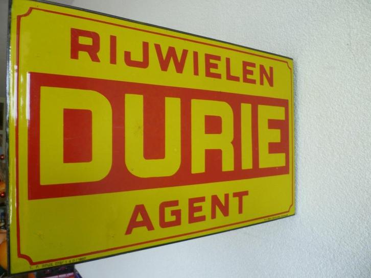 EMAILLE DUBBELZIJDIG RECLAMEBORD"AGENT DURIE RIJWIELEN"1937, Verzamelen, Merken en Reclamevoorwerpen, Gebruikt, Reclamebord, Ophalen of Verzenden