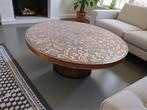 table basse ronde vintage en bois avec plateau en cuivre, Enlèvement ou Envoi