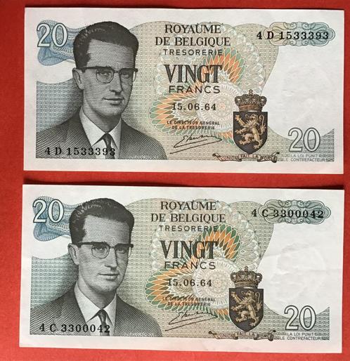 2 billets de 20 fr à l'état neuf 1964, Timbres & Monnaies, Billets de banque | Belgique, Série, Enlèvement ou Envoi