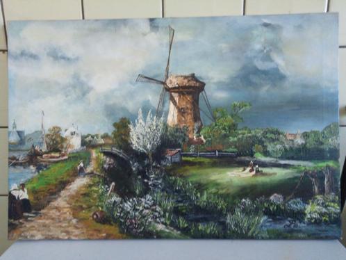 Te koop mooi oud Hollands molenlandschap gesigneerd Lei ...., Antiquités & Art, Art | Peinture | Classique, Enlèvement ou Envoi