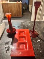 Rode glazen decoratie – 2 kandelaars + schaal –moderne stijl, Tuin en Terras, Ophalen, Gebruikt