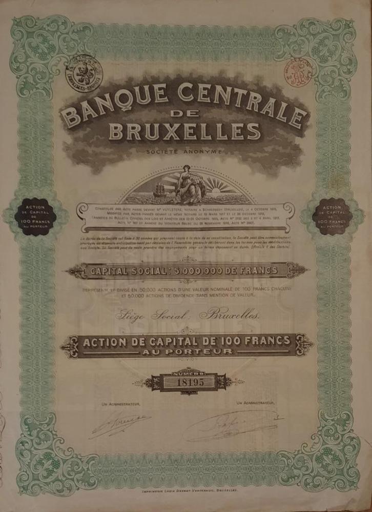 Banque Centrale de Bruxelles - action de capital, Postzegels en Munten, Aandelen en Waardepapieren, Aandeel, 1920 tot 1950, Ophalen of Verzenden