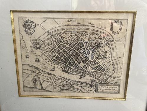 carte géo Sluys Pays Bas 1620, Antiek en Kunst, Kunst | Etsen en Gravures, Ophalen