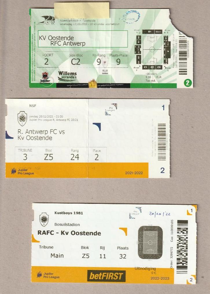 3 versch (gebruikte) tickets Antwerp - Oostende, 2015-2022, Verzamelen, Sportartikelen en Voetbal, Gebruikt, Overige typen, Ophalen of Verzenden