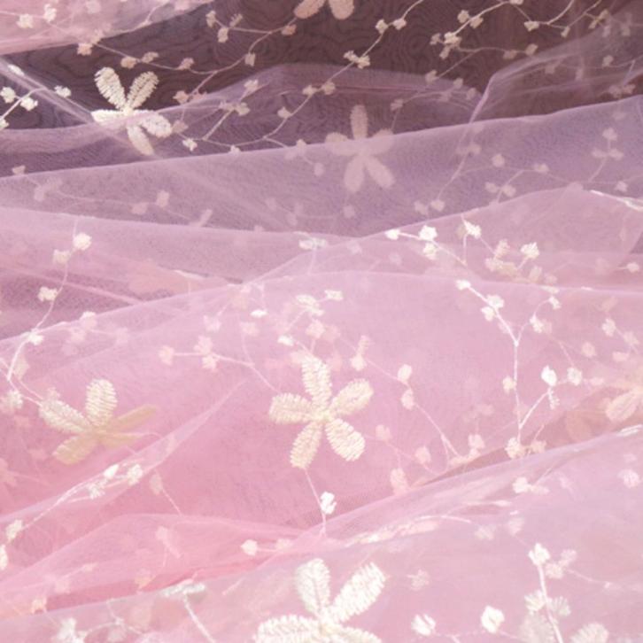 Promo! 5982) 270x100cm harde tule kant broderie bloem roze, Hobby en Vrije tijd, Stoffen en Lappen, Nieuw, Polyester, 120 cm of meer