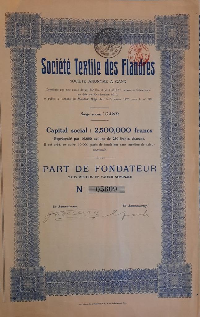 aandeel Société Textiles des Flandres - Gand - 1920, Postzegels en Munten, Aandelen en Waardepapieren, Aandeel, 1920 tot 1950