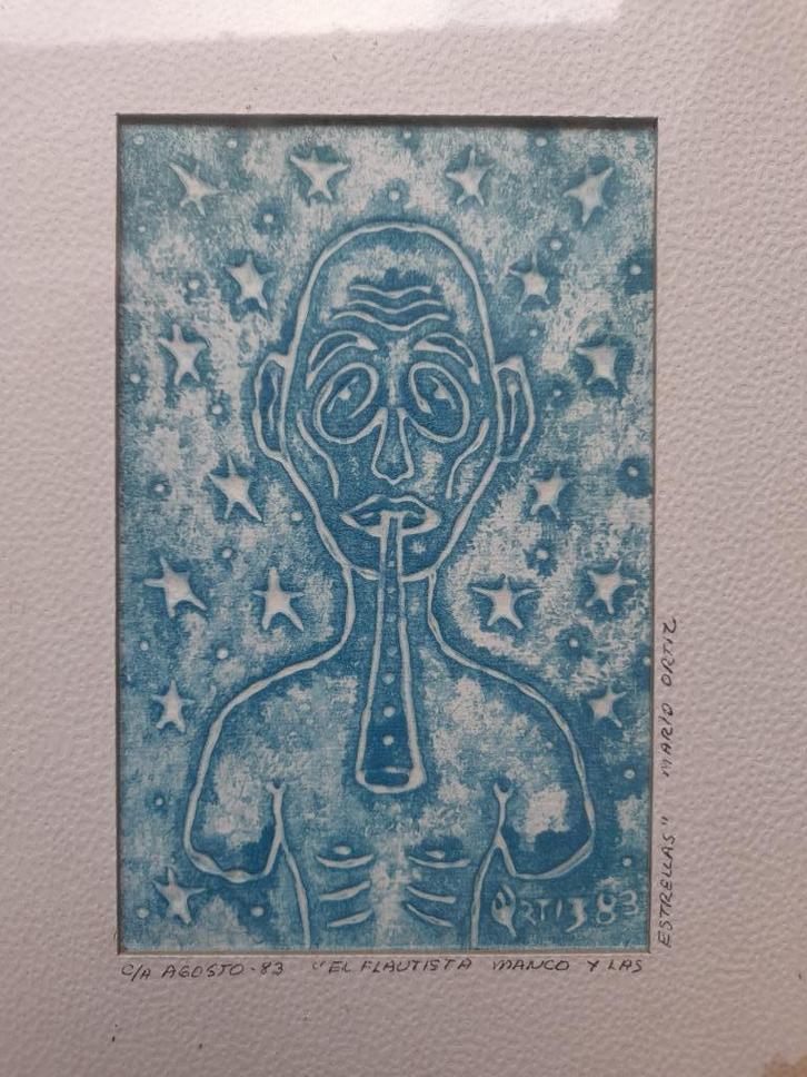 houtsnede, fluitspeler, Mario Ortiz,, Antiek en Kunst, Kunst | Litho's en Zeefdrukken, Ophalen of Verzenden