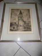 gesigneerde ets Boer met Koe aan de kerk te Mespelare, Ophalen of Verzenden