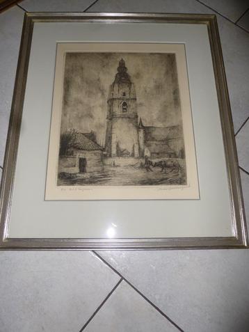 gesigneerde ets Boer met Koe aan de kerk te Mespelare beschikbaar voor biedingen