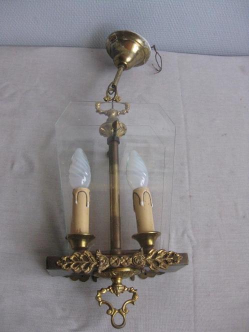 Vintage koperen hanglamp met bronzen garnituur en geslepen g, Antiek en Kunst, Curiosa en Brocante, Ophalen of Verzenden