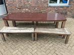 Grote massieve houten tuintafel met leuke bankjes, Tuin en Terras, Tuintafels, Gebruikt, Hout, Ophalen, Ovaal