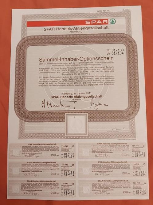 Duits aandeel Spar supermarkten, 1991, Postzegels en Munten, Aandelen en Waardepapieren, Aandeel, 1970 tot heden, Ophalen of Verzenden