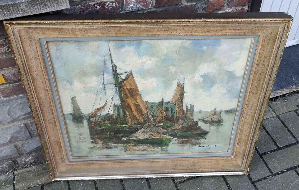 Huile sur toile marine signe Edmond de meulenaere, Antiquités & Art, Enlèvement