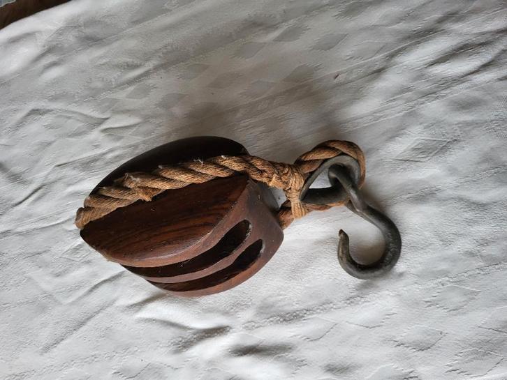 Hijsblok antieke katrol dubbel met touw en haak, Antiek en Kunst, Curiosa en Brocante, Ophalen of Verzenden