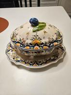 Vintage antiek keramiek potje met deksel + 2 borden ROUEN., Ophalen