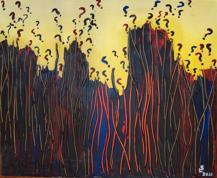 Tableau acrylique sur bois: interrogation, Antiquités & Art, Art | Peinture | Classique, Enlèvement ou Envoi